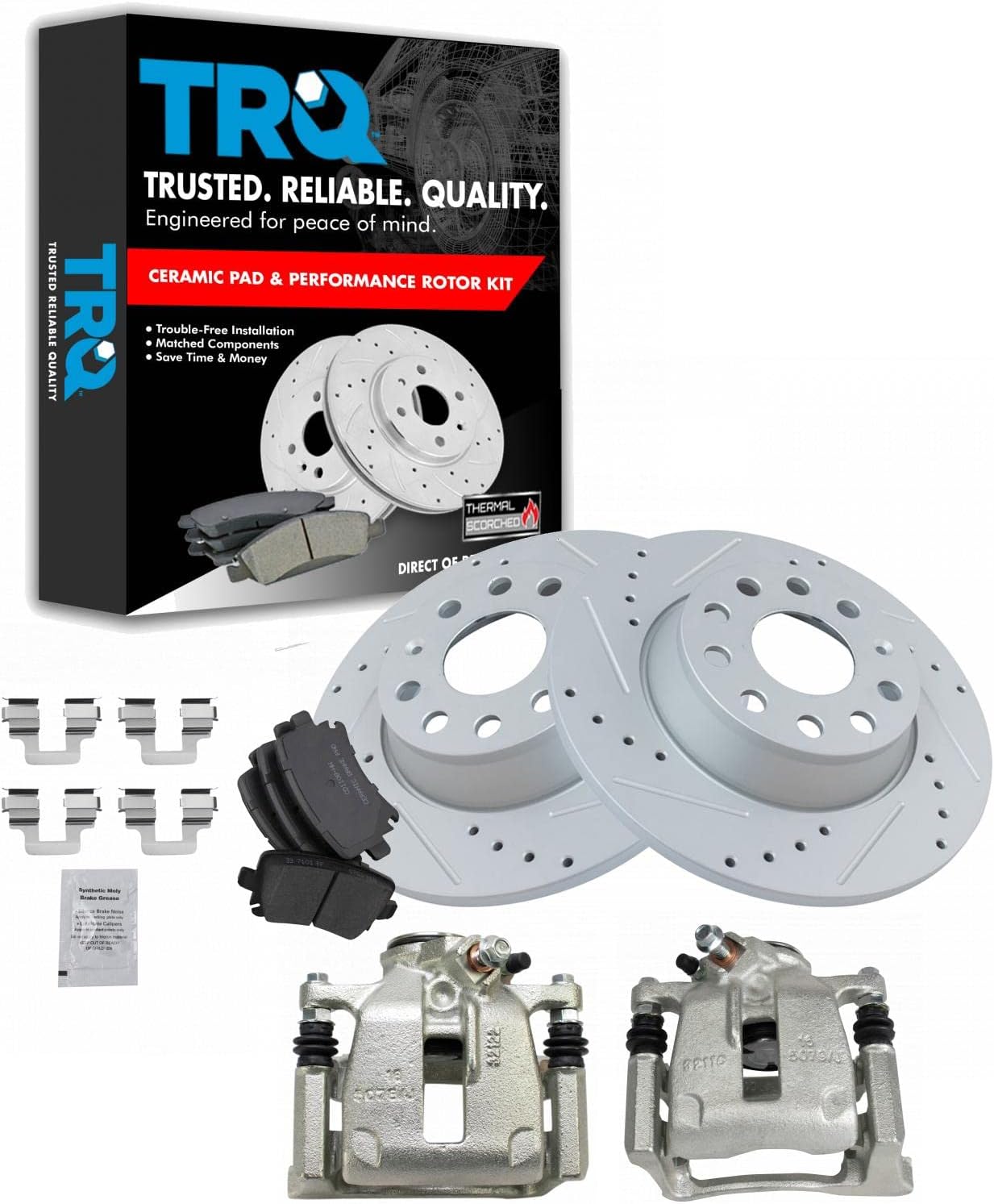 TRQ Performance Rear Brake Pad and Rotor Set Ceramic Drilled Slotted Coated Rotors Calipers Compatible with 2009-2016 Volkswagen CC 2009-2017 Tiguan 2010 Volkswagen Passat 2018 Tiguan Limited