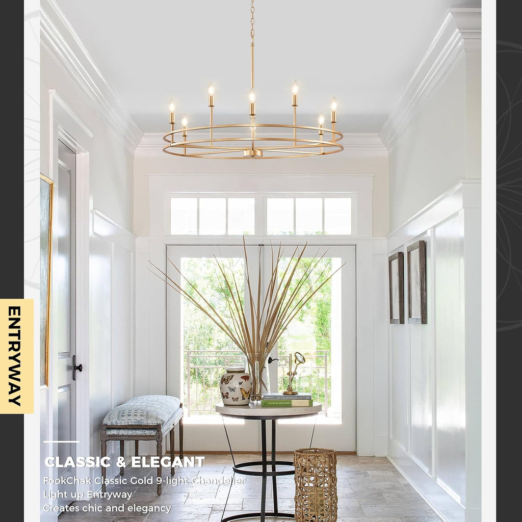 Brushed Gold Chandelier Light Fixture 9-Light Round Dining Room Chandelier Over Table Brass Chandeliers Lighting for Master Bedroom 35in Metal Chandeliers for Living Room Foyer Bathroom