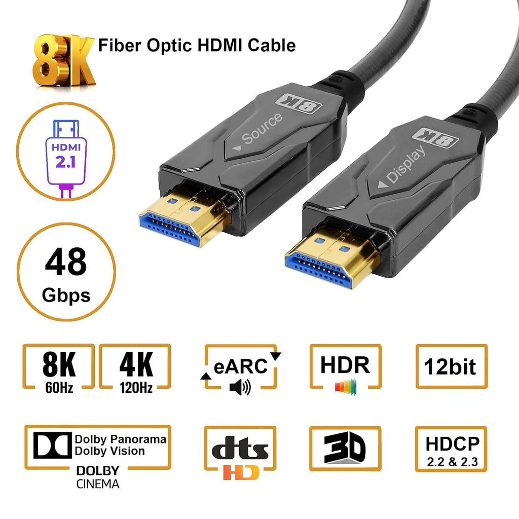 DTECH 100ft Fiber Optic HDMI Cable 2.1 4k 120Hz 8K 60Hz 48Gbps High Speed HDR eARC HDCP 2.2 2.3 3D Outdoor Armored Long HDMI Cord Waterproof IP68 for Laptop Monitor TV Xbox PS4/PS5, Unidirectional