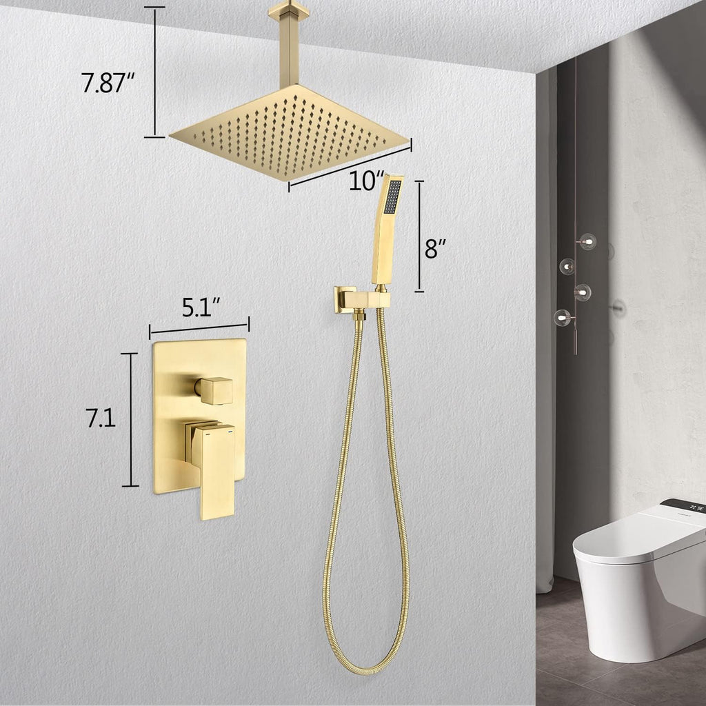 Kaimei Ceiling Mounted Rain Shower System Combo - Brushed Gold Shower Head and Handheld with 10-Inch Rainfall Spray - Easy Installation, Bathroom Shower Fixtures for Spa-Like Experience