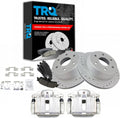 TRQ Performance Rear Brake Pad and Rotor Set Ceramic Coated Slotted Drilled Solid Rotors Calipers Compatible with 99-02 Chevrolet Silverado 1500 GMC Sierra 1500 00-01 Tahoe Yukon 03-05 Astro Safari