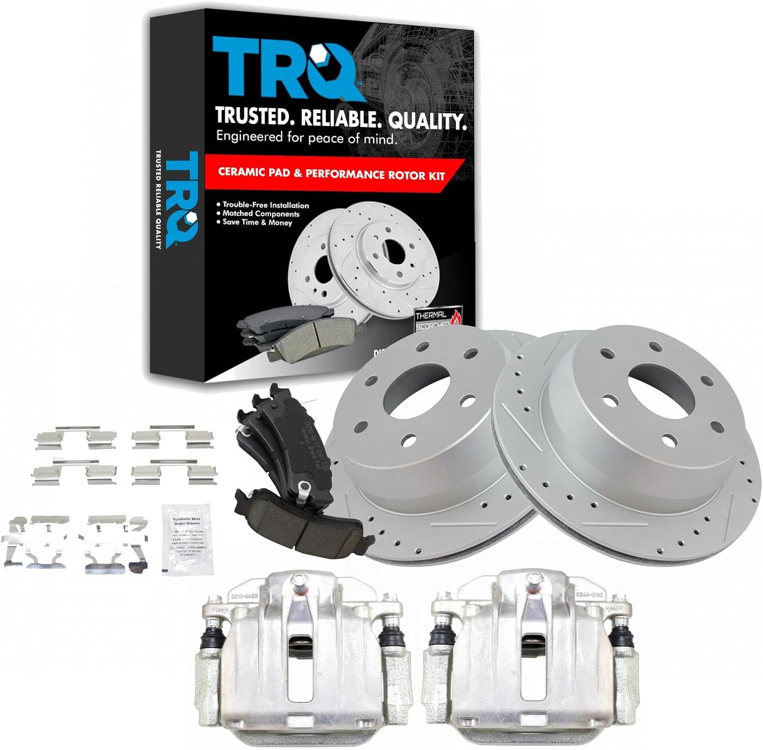 TRQ Performance Rear Brake Pad and Rotor Set Ceramic Coated Slotted Drilled Solid Rotors Calipers Compatible with 99-02 Chevrolet Silverado 1500 GMC Sierra 1500 00-01 Tahoe Yukon 03-05 Astro Safari