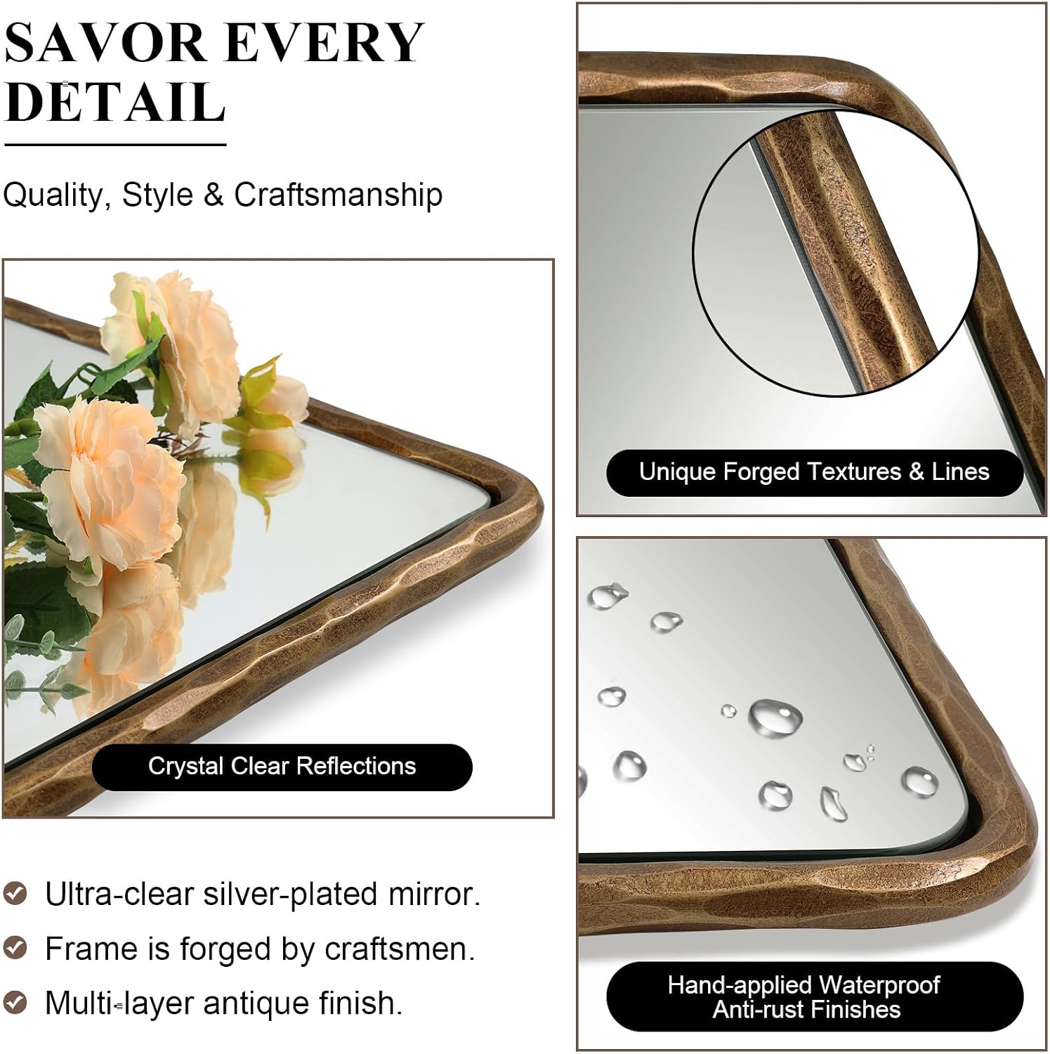 ANDY STAR Hand-Forged Gold Bathroom Mirrors for Wall, 24x30 Inch Vintage Solid Steel Metal Frame Bathroom Vanity Mirror, Antique Rounded Rectangle Wall Mirror, Hangs Horizontally or Vertically