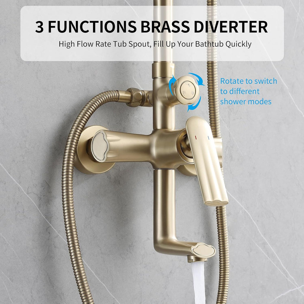 Brushed Gold Exposed Shower Syem with Handheld, 3 Functions Bathtub Shower Faucet Sets with Brass Valve, Shower Fixture with 10-Inch Rainfall Shower Head, Height Adjustable Shower Set