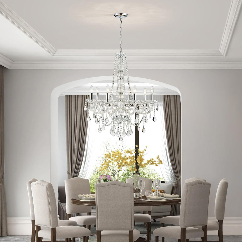 WUZUPS 8-Light Crystal Candle Chandelier Pendant Ceiling Light Modern Lighting Fixture for Bedroom Hallway Bar Kitchen Bathroom, H 35.4' W 27.6', E12 Base, Chrome