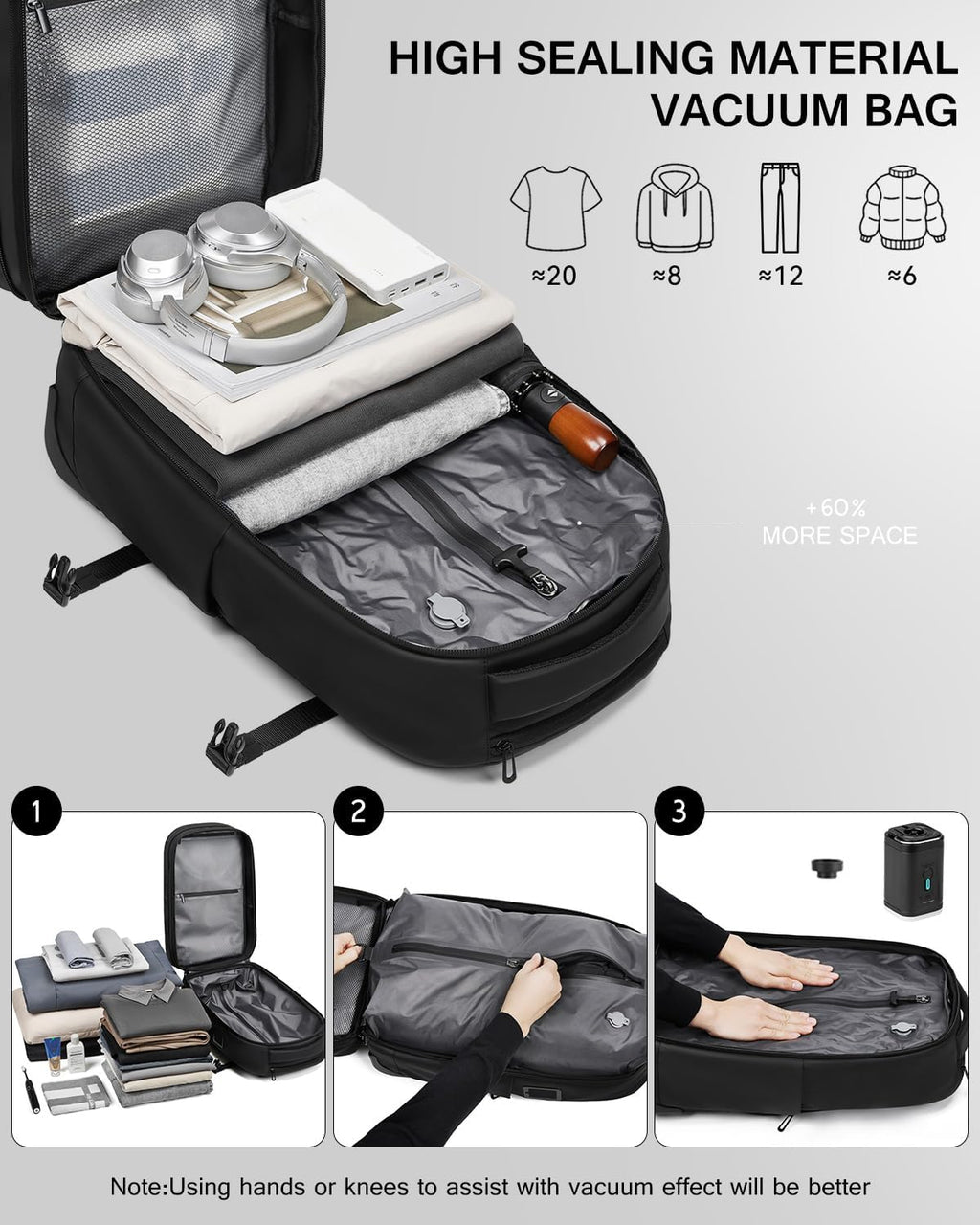 Vacuum Rolling Backpack with Pump, 60L Vacuum Backpack for Travel with Wheels, TSA Lock and Charging Port, Vacuum Compression Expandable Backpack for 17.3'' Laptop, Business & Long Trips