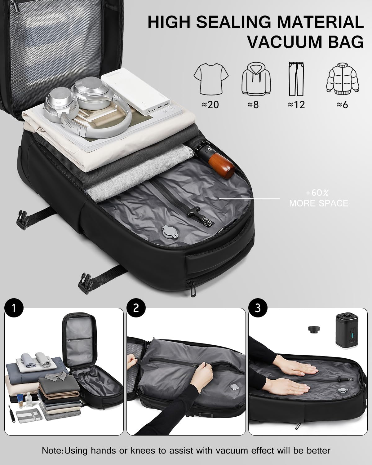 Vacuum Rolling Backpack with Pump, 60L Vacuum Backpack for Travel with Wheels, TSA Lock and Charging Port, Vacuum Compression Expandable Backpack for 17.3'' Laptop, Business & Long Trips