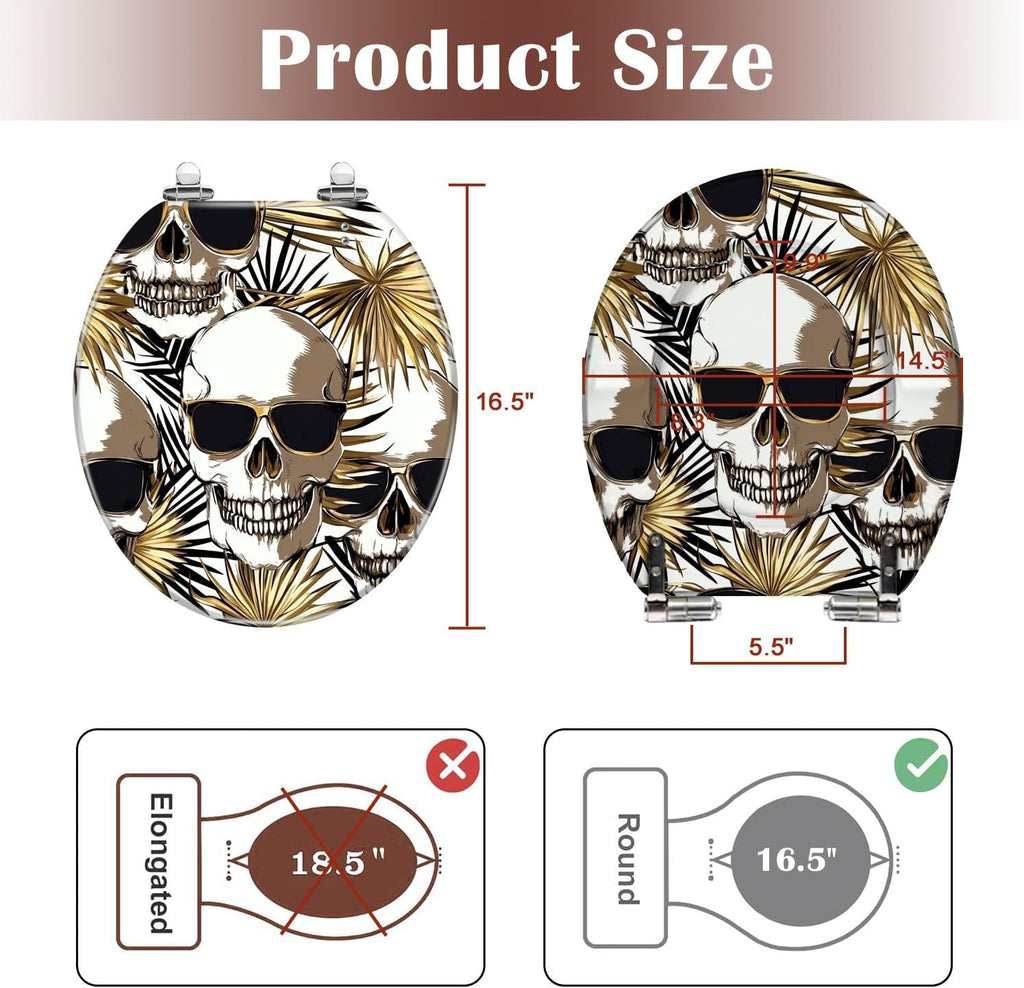 Round Toilet Seat Seamless gold silver pattern Tropical leaves Exotic fan palm human Resin Toilet Seat Slow Quiet Close with Quick-Release Hinges Toilet Seat with Cover Easy to Clean Install