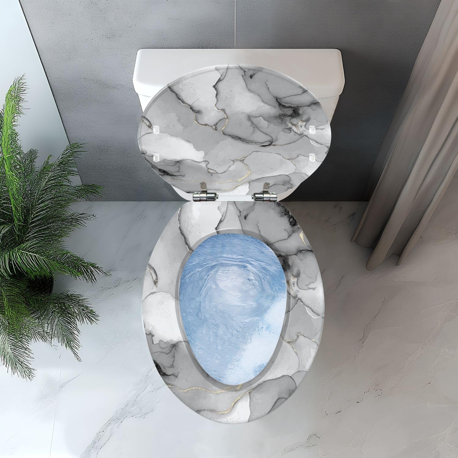 Elongated Toilet Seat Grey Marble Watercolor Stone Silver Alcohol Ink Gold Marble Resin Toilet Seat with Quietly Close Quick Release Hinges Decorative Toilet Seat with Cover Easy to Clean and Install