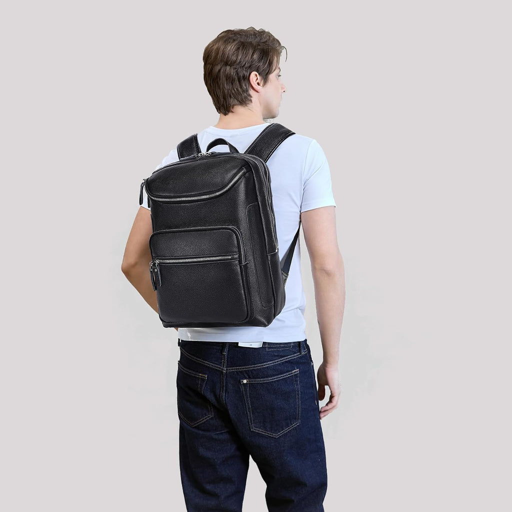 LANNSYNE Leather Backpack For Men, 15.6' Leather Laptop Backpack Hiking Travel Bag Camping Rucksack