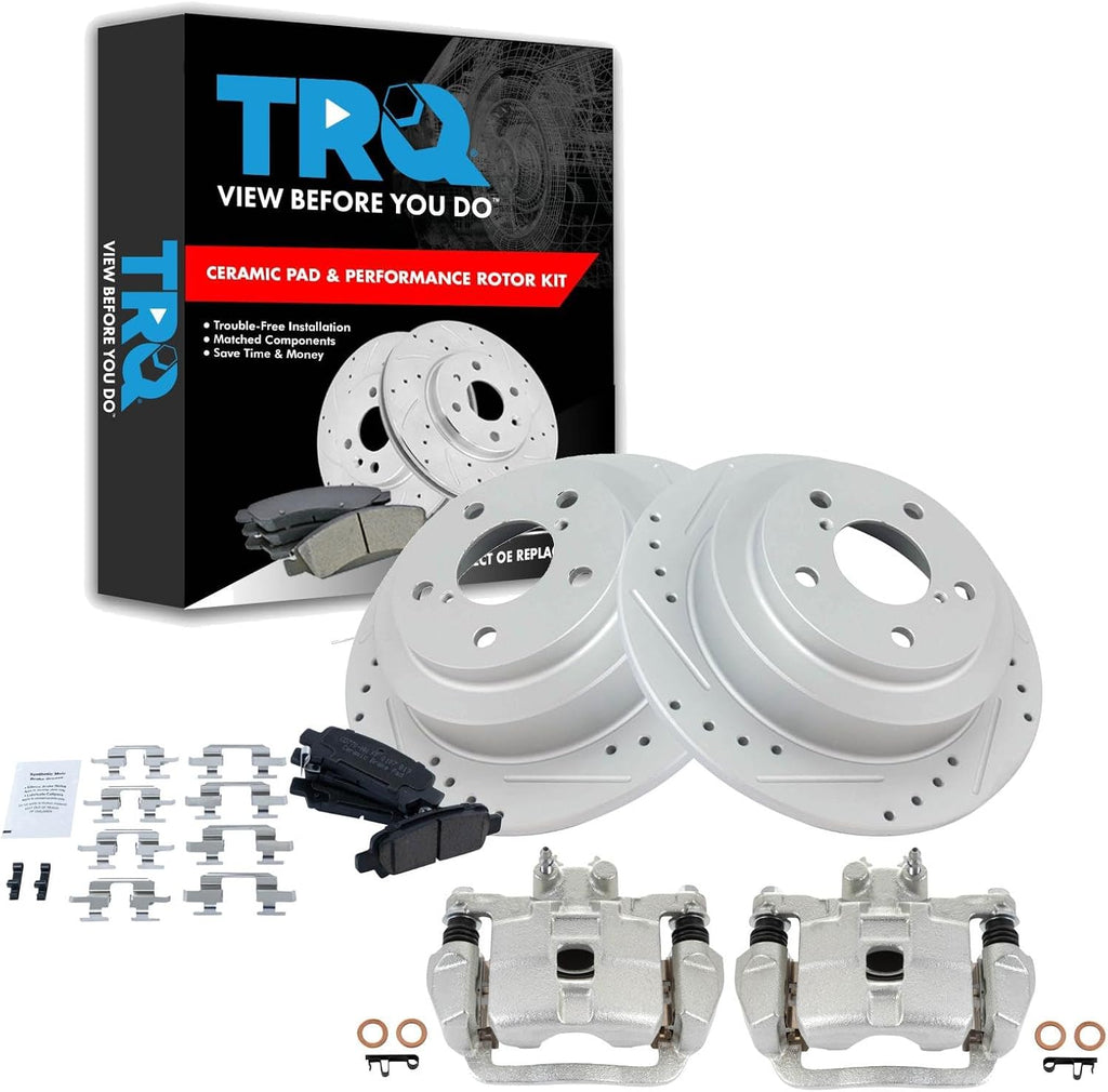 TRQ Performance Rear Brake Pad and Rotor Set Ceramic Solid G Coated Rotors Calipers Compatible with 1998-2003 Subaru Forester 1999-2003 Impreza