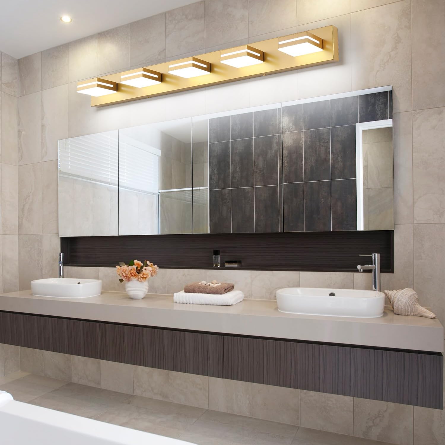 SineRise LED Modern Bathroom Vanity Light Fixtures (5-Light, 40-Inch), Matte Gold Modern Acrylic Bathroom Wall Lighting Fixtures Over Mirror (Cool White 6000K)