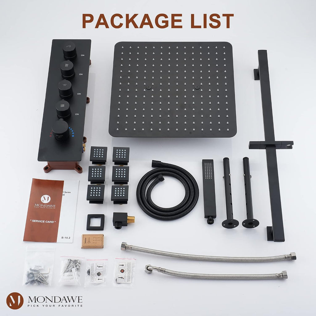 MONDAWE 16 Inch Thermostatic Shower System in Matte Black, Ceiling Mounted Rain and Mist Shower Head with Handheld Spray and 6 Body Jets, High Pressure Bathroom Shower Faucet Set, Solid Brass Valve