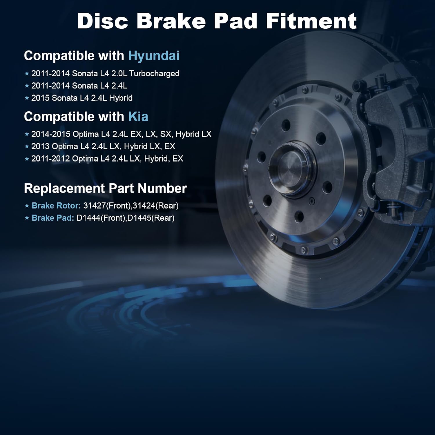 Front & Rear Disc Brake Rotors & Ceramic Brake Pads Kit Fit for Hyundai 2011-2015 Sonata, for Kia 2011-2015 Optima, 31427 31424 D1444 D1445