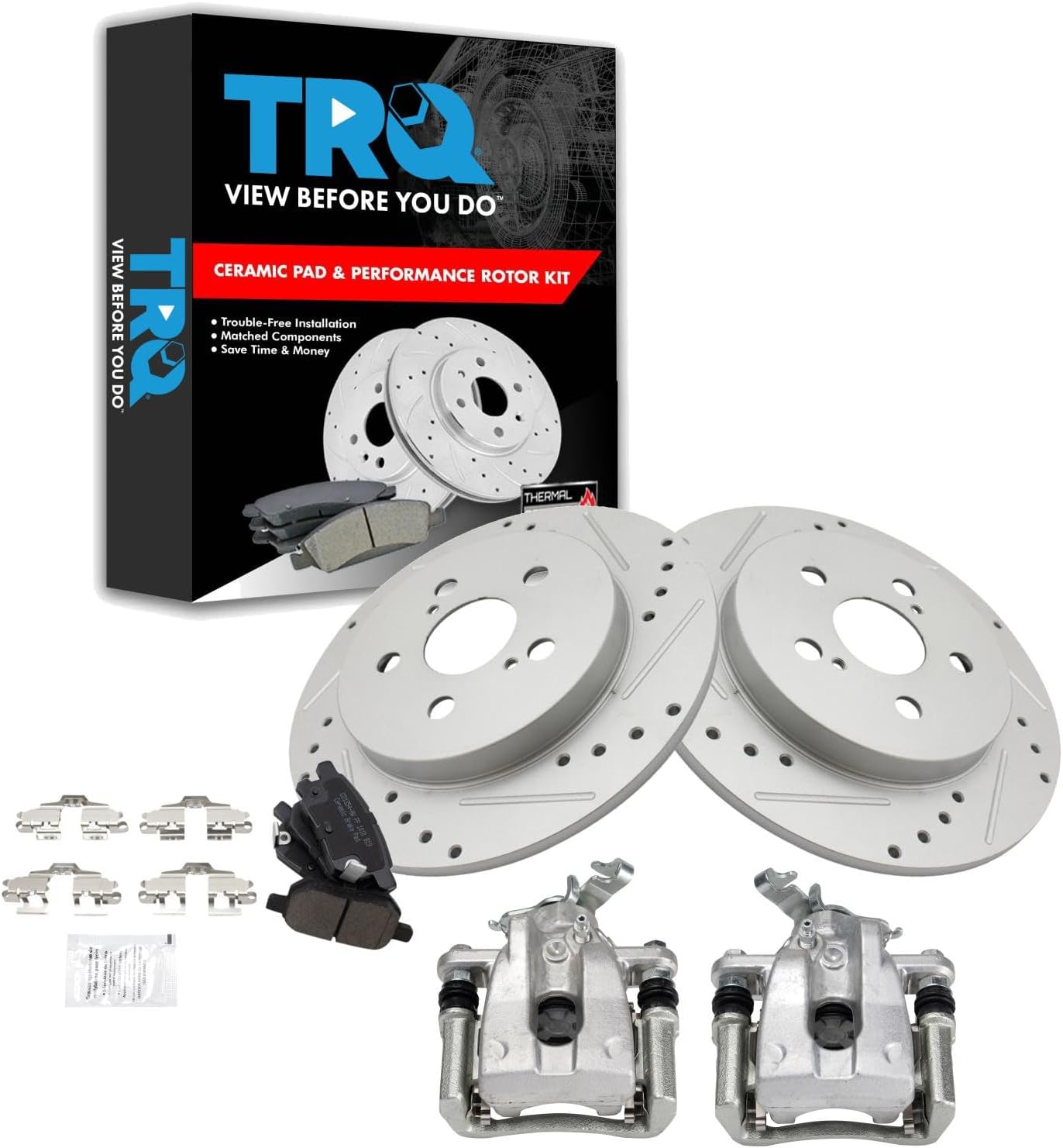 TRQ Performance Rear Brake Pad and Rotor Set Ceramic Solid G Coated Rotors Calipers Compatible with 2009-2010 Pontiac Vibe 2009-2019 Toyota Corolla 2009-2013 Matrix