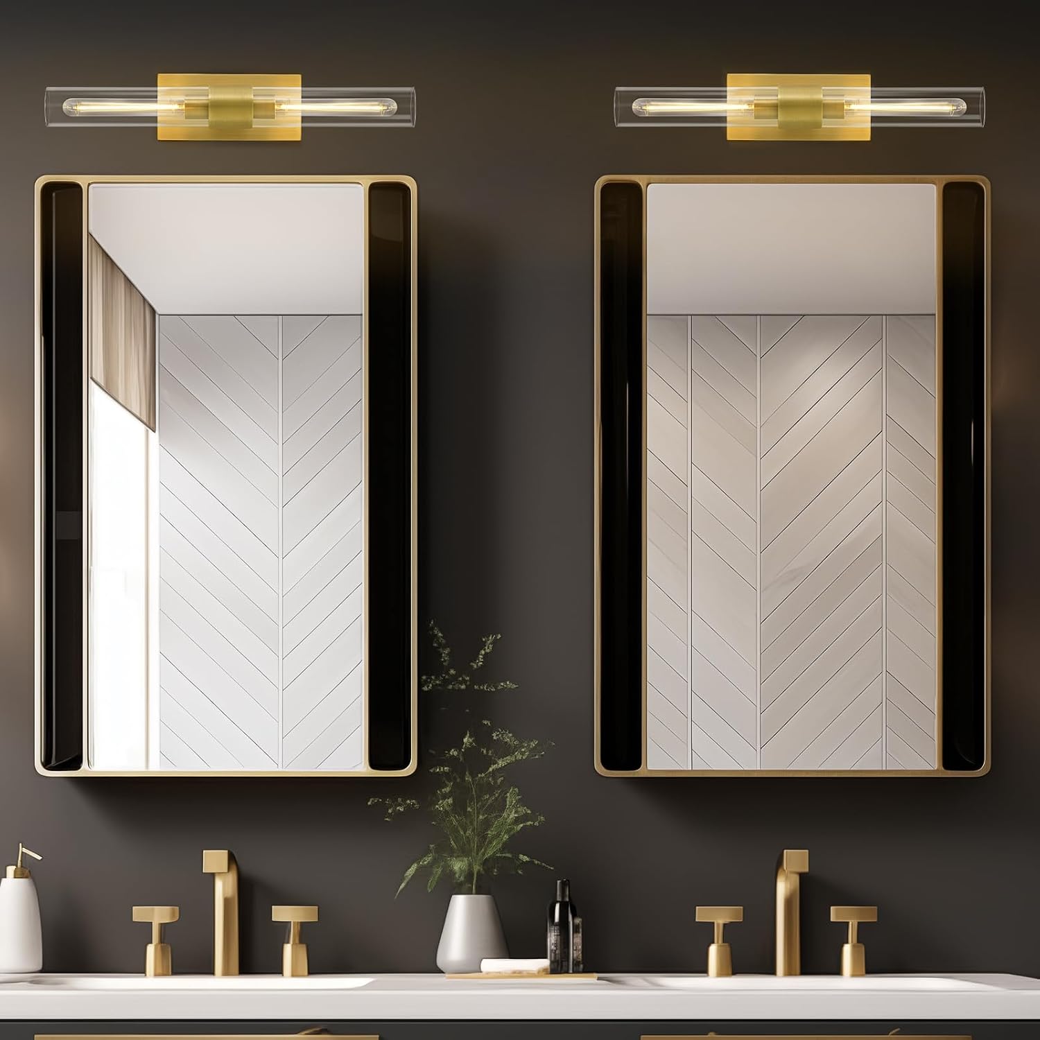Brass Bathroom Vanity Light, 2-Light Bathroom Wall Sconce Over Mirror, 22.8' Gold Vanity Light for Bathroom, Dimmable Vanity Sconce with Glass Tube, Bathroom Linear Sconce Vertical & Horizontal, 1 PC