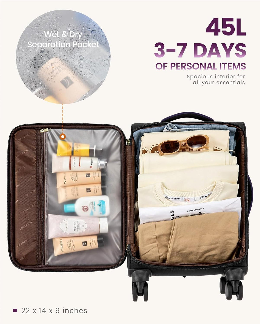 LOVEVOOK 5 Pcs Carry On Luggage 22x14x9 Airline Approved with 40L Laptop Travel Backpack, 20 Inch Carry On Suitcases with Wheels, Rolling Suitcase for Women Men, with TSA Lock Weekender Luggage