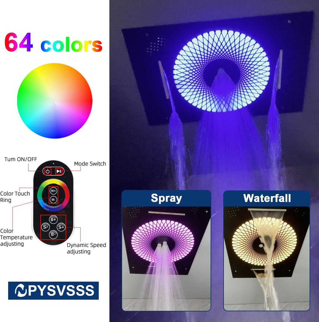 24x16 inch LED Shower head, 2 Function Stainless Steel Rectangle Waterfall And Mist Ceiling Mount Shower Head, 600 * 405mm Spray Waterfall Shower Head with Remote Control, Matte Black