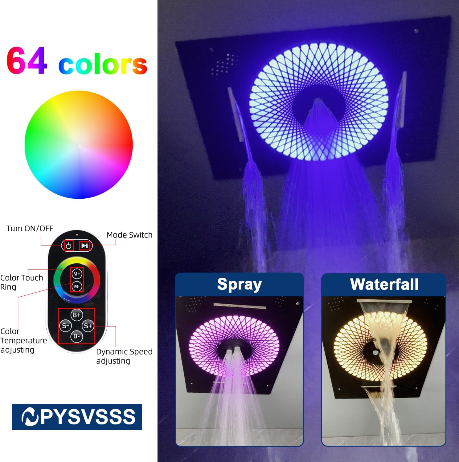 24x16 inch LED Shower head, 2 Function Stainless Steel Rectangle Waterfall And Mist Ceiling Mount Shower Head, 600 * 405mm Spray Waterfall Shower Head with Remote Control, Matte Black