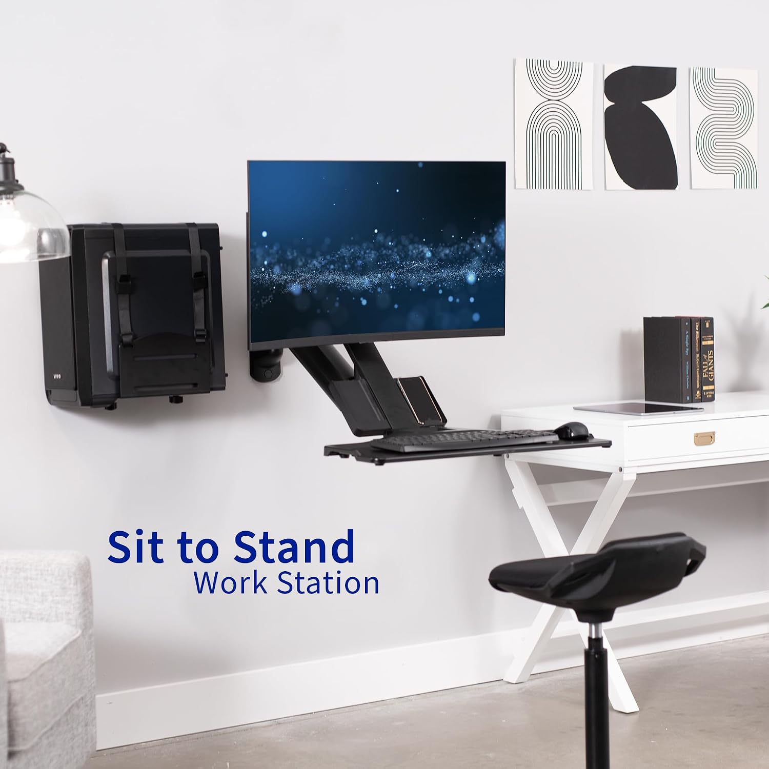 VIVO Premium Black Single Monitor and Keyboard Counterbalance Sit-Stand Wall Mount and CPU Holder, Ergonomic Standing Transition Workstation STAND-SIT1WD