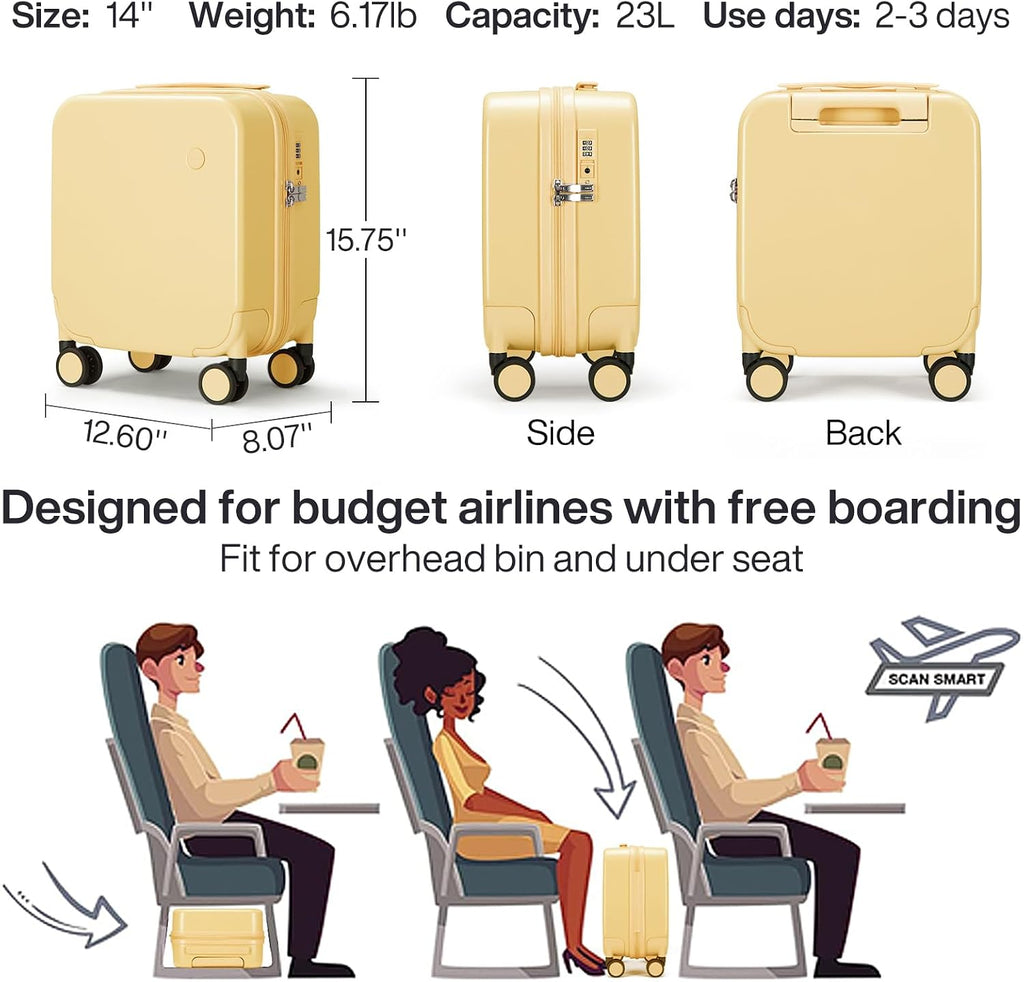 mixi 14 Inch Underseat Luggage Carry on Suitcase Free Boarding Personal Item Suitcases with Spinner Wheels Hardshell Lightweight PC for Short Travel, Lark Yellow