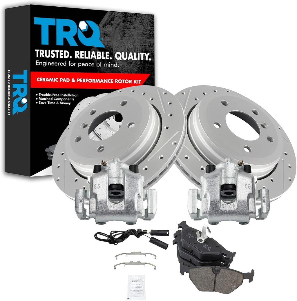 TRQ Performance Rear Brake Pad and Rotor Set Ceramic Drilled Slotted Coated Rotors Calipers Compatible with 2001-2003 BMW 325xi