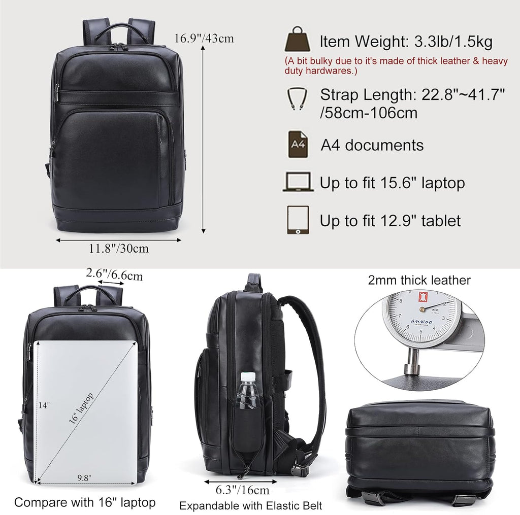 Masa Kawa Black Leather Laptop Backpack for Men Fits 16' 15.6' Computer, Business Travel Work Large Daypack Camping Weekender Bag