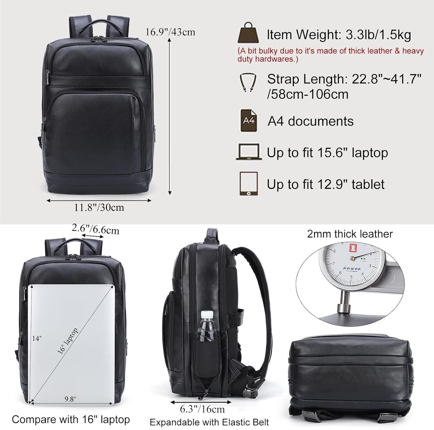Masa Kawa Black Leather Laptop Backpack for Men Fits 16' 15.6' Computer, Business Travel Work Large Daypack Camping Weekender Bag