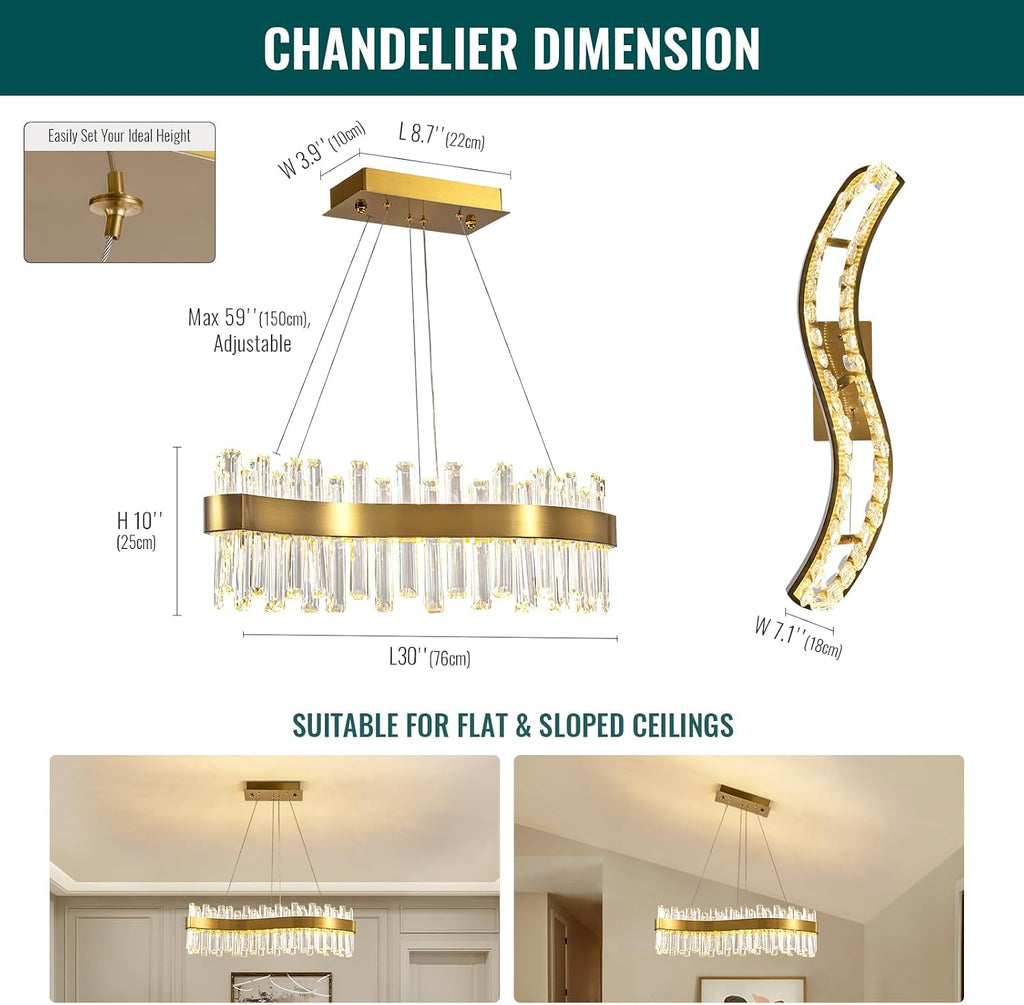 Siljoy Modern LED Crystal Chandelier, Luxury Brass Gold 2-Tiers K9 Crystal Raindrop Chandelier, Adjustable Height Linear Crystal Pendant Island Light for Living Dining Room Kitchen Island L30''