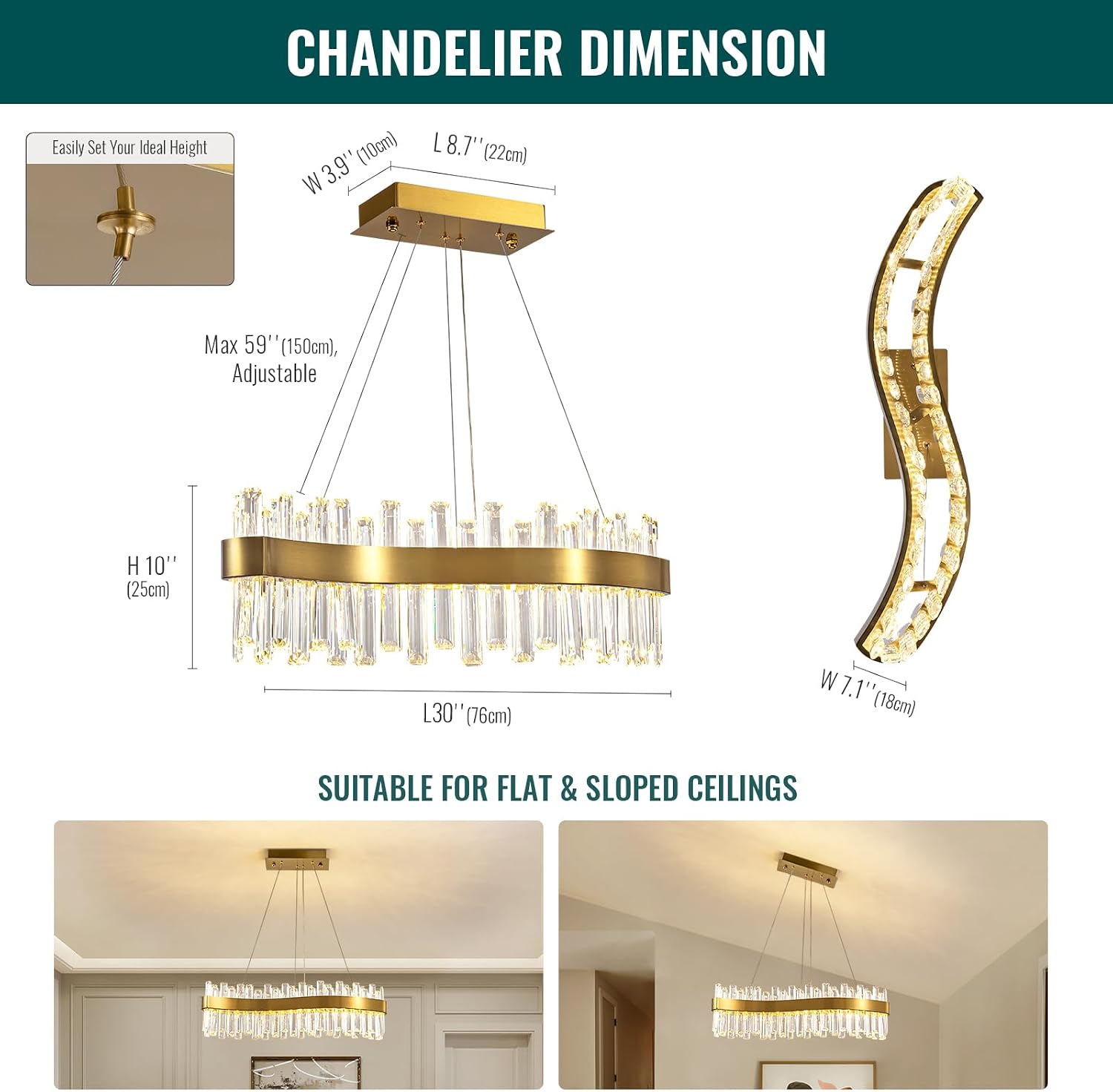 Siljoy Modern LED Crystal Chandelier, Luxury Brass Gold 2-Tiers K9 Crystal Raindrop Chandelier, Adjustable Height Linear Crystal Pendant Island Light for Living Dining Room Kitchen Island L30''