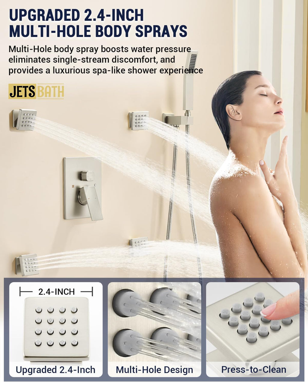 Dual Rainfall Shower Head System with 4 Body Jets, JetsBath Shower Faucet Set Double Shower Head 6-Inch Shower Head & 12' Rain Shower, Luxury Brushed Nickel Shower Faucet Set Tandem Shower Head System