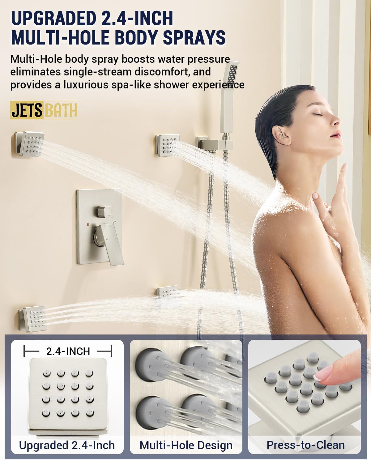 Dual Rainfall Shower Head System with 4 Body Jets, JetsBath Shower Faucet Set Double Shower Head 6-Inch Shower Head & 12' Rain Shower, Luxury Brushed Nickel Shower Faucet Set Tandem Shower Head System