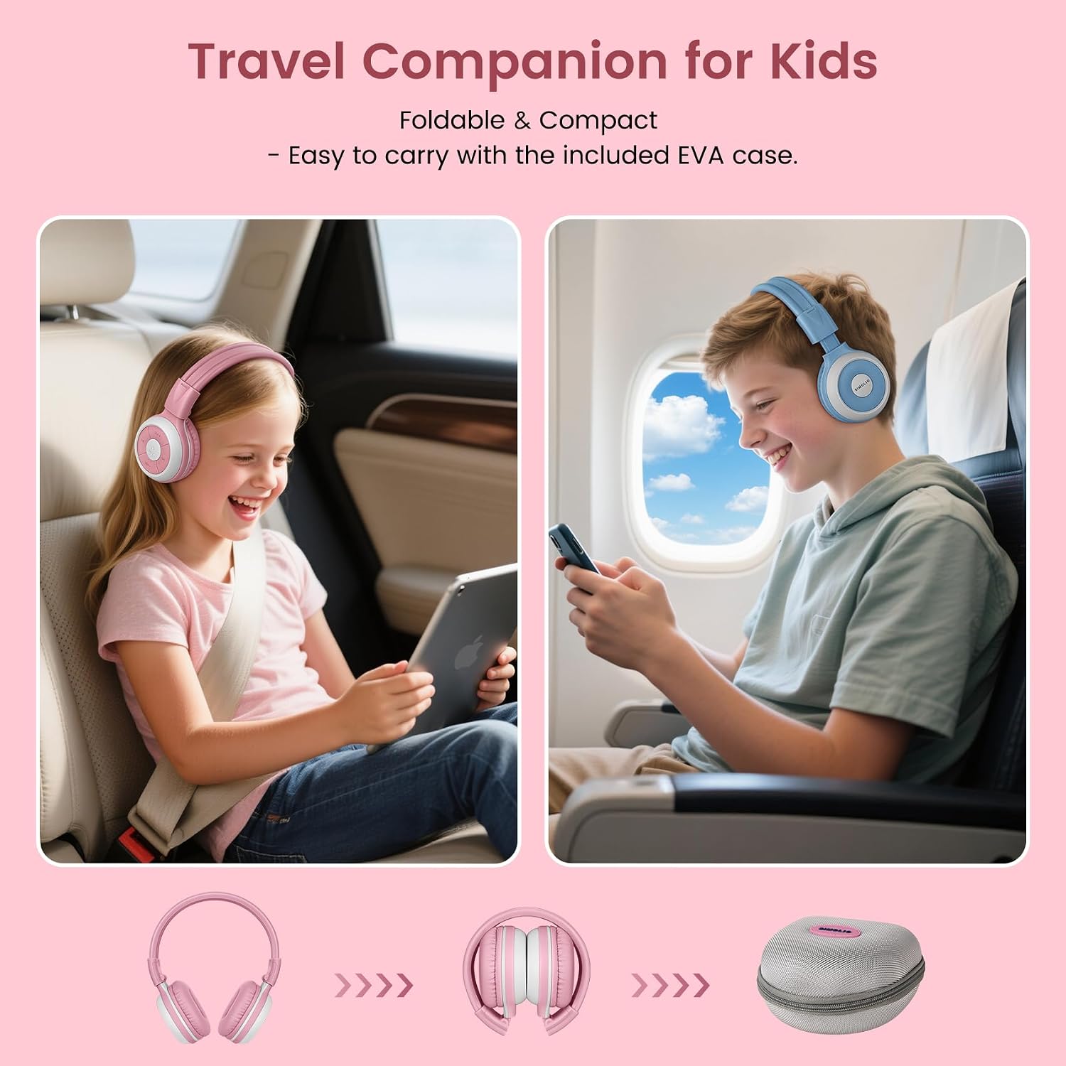 SIMOLIO Kids Headphones, Wired Kids Headset with Mic & Volume Limiter and AuraCast Wireless Headphones, Foldable, Durable, Comfortable for Girls/Boys School, Travel, Online Learning