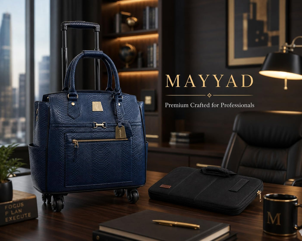 Rolling Laptop Bag for Women with Wheels & Handle Luxury Pure Leather Embossed Work Bag with Laptop Sleeve Travel Briefcase