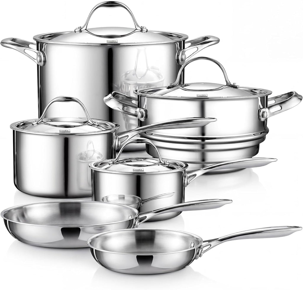Cooks Standard 10-Piece Tri-Ply Clad Stainless Steel Cookware Set | Includes Saucepan, Steamer & Stockpot with Lids & Fry Pan. Aluminum Core for Even Heat. Oven & Dishwasher Safe