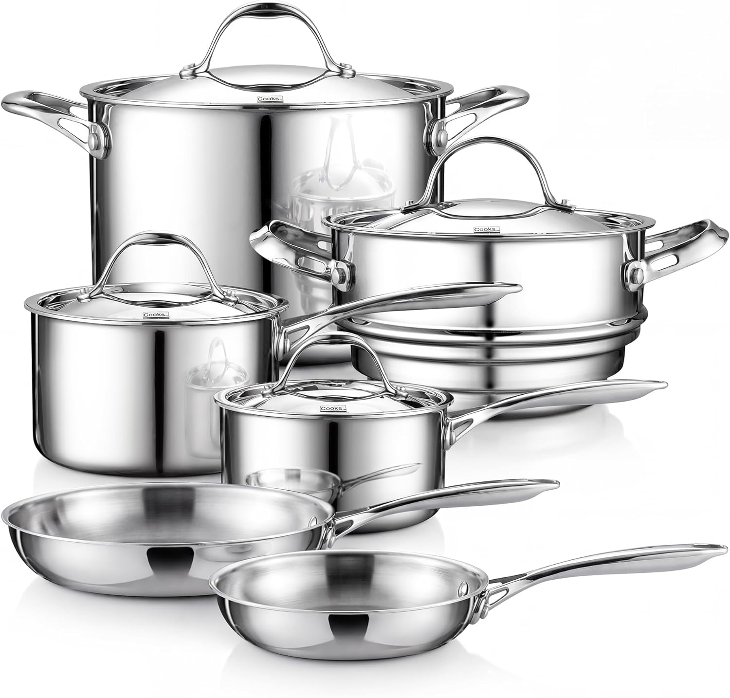 Cooks Standard 10-Piece Tri-Ply Clad Stainless Steel Cookware Set | Includes Saucepan, Steamer & Stockpot with Lids & Fry Pan. Aluminum Core for Even Heat. Oven & Dishwasher Safe
