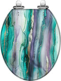 Round Toilet Seat Luxury abstract fluid art technique Transparent vertical layers green Resin Toilet Seat Quietly Close Quick Release Hinges Decorative Toilet Seat with Cover Easy to Install, Style 1