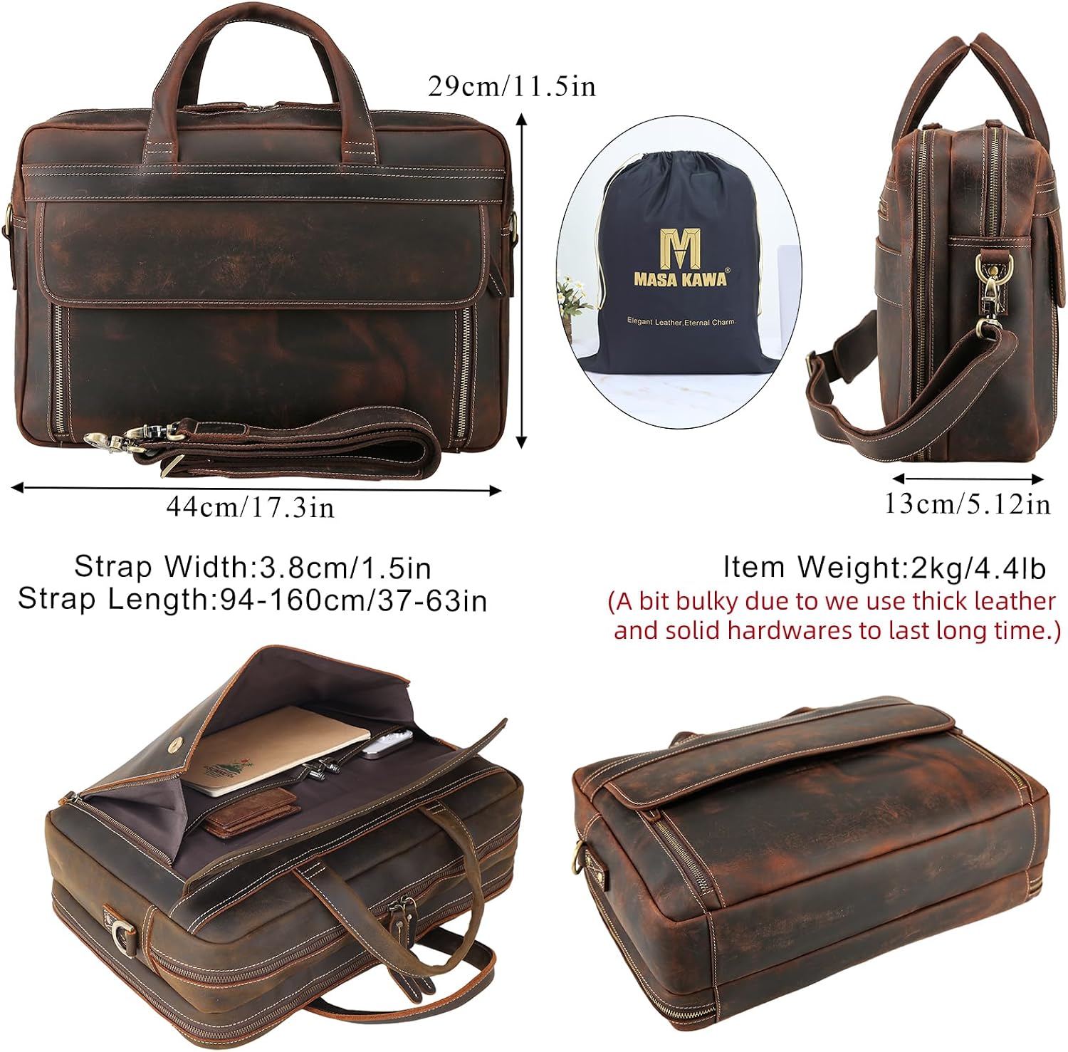Masa Kawa Leather Briefcase for Men 15.6', 17' Laptop Computer Case Business Travel Work Messenger Cross Body Shoulder Bag