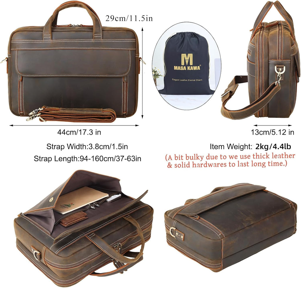 Masa Kawa Leather Briefcase for Men 15.6', 17' Laptop Computer Case Business Travel Work Messenger Cross Body Shoulder Bag