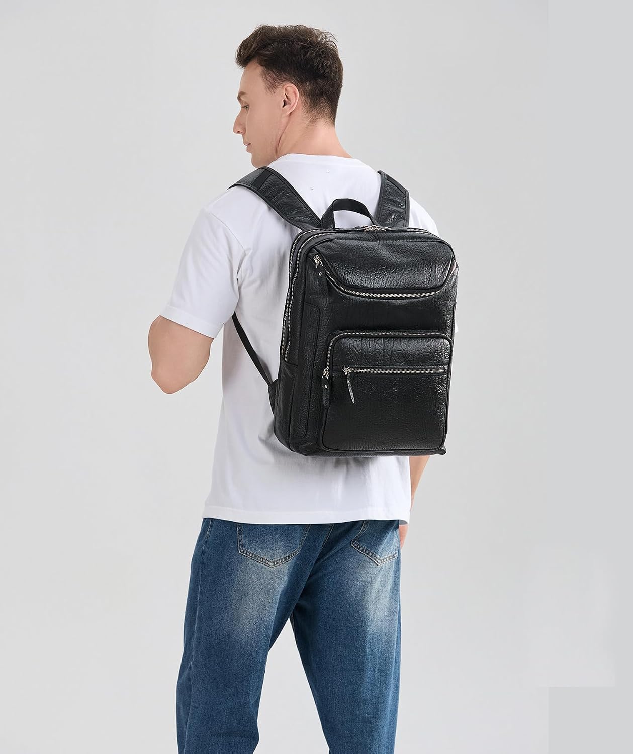 LANNSYNE Full Grain Leather Backpack For Men, 15.6' Leather Laptop Backpack Hiking Travel Bag Camping Rucksack