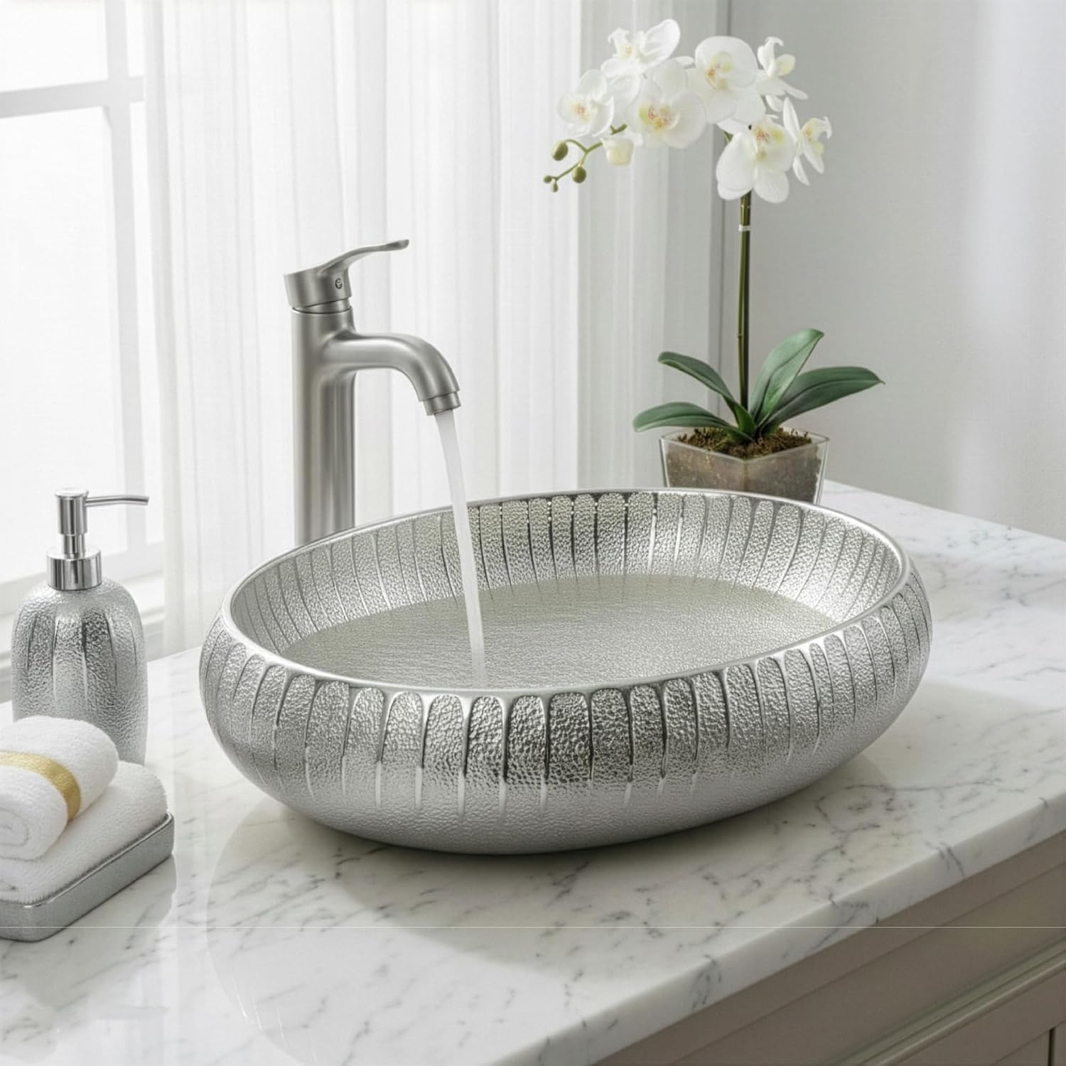 Fine Fixtures 23' x 15' Luxury Silver Vessel Bathroom Sink - Oval Ceramic Sink Bowl, Elegant Countertop Wash Basin, Perfect Sink for Vanity Top Installation