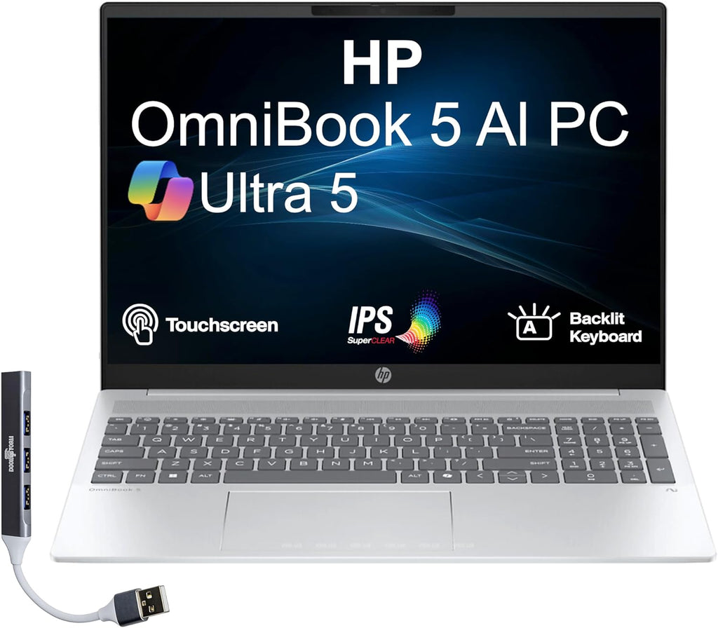 HP OmniBook 5 Next Gen AI Laptop 16.0' Touchscreen 2K IPS Display (Intel Ultra 5-225U, 16GB LPDDR5X, 1TB SSD, Backlit KB, Copilot+, Webcam, Win 11 Home) w/Dockztorm USB Port Expander