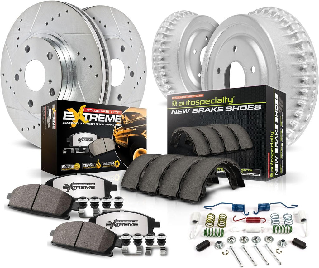 PowerStop Front & Rear Brake Kit + Drums For Toyota Tundra 2003-06 - Truck & Tow Carbon Fiber Ceramic Brake Pads + Drilled & Slotted Rotors Upgrade, K15214DK-36