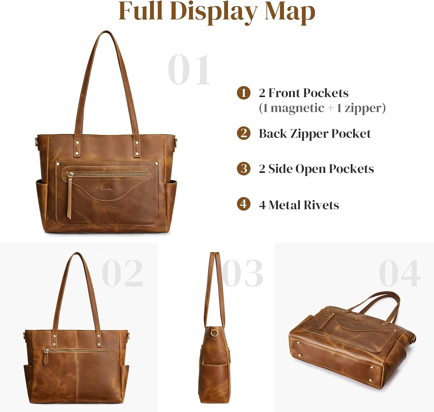 S-ZONE Women Genuine Leather Tote Bag Large Shoulder Purse Vintage Crossbody Work Handbag