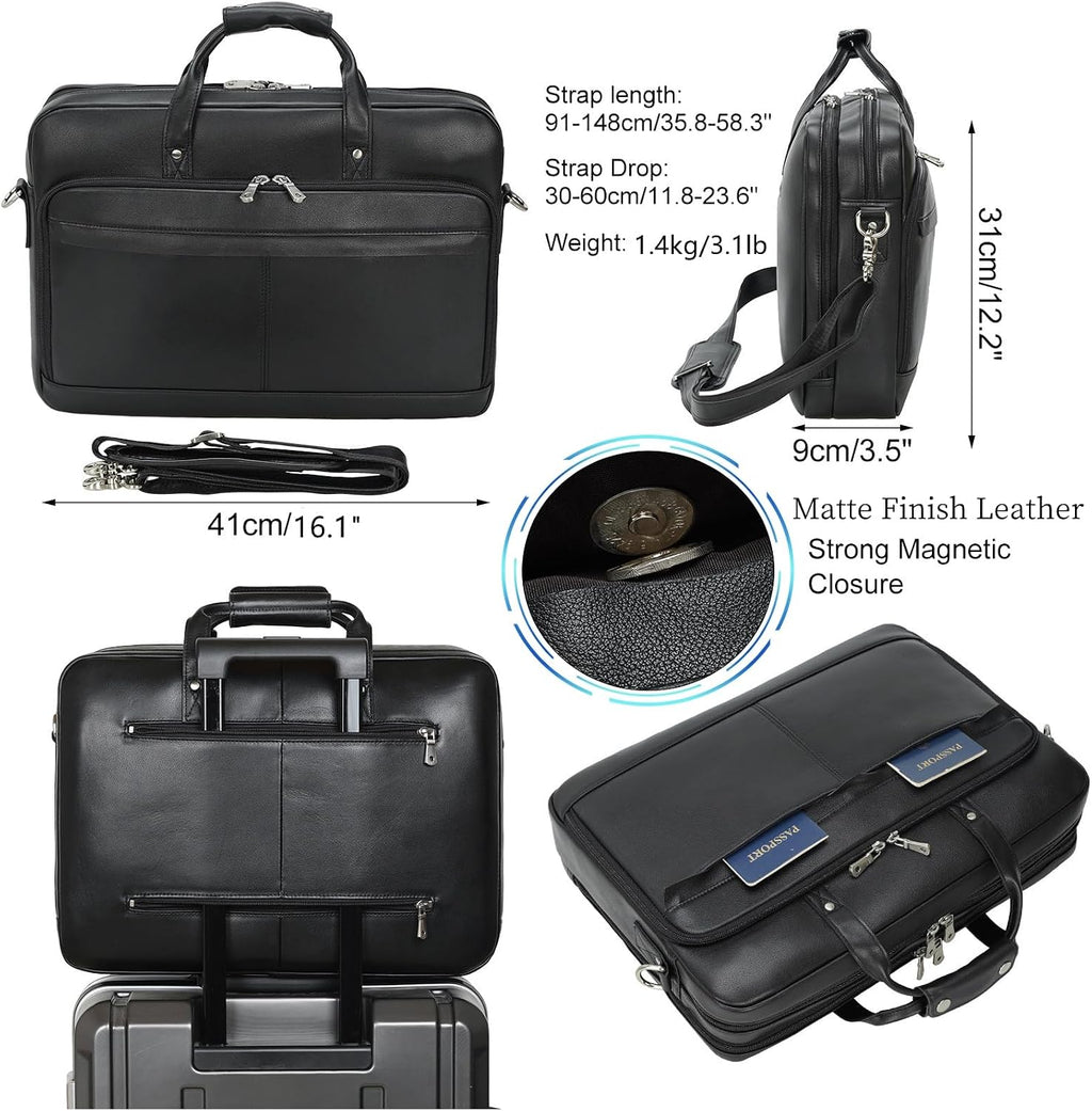 Masa Kawa Leather Briefcase for Men 17/15.6' Laptop Crossbody Shoulder Messenger Bag Business Travel Work Attache Case