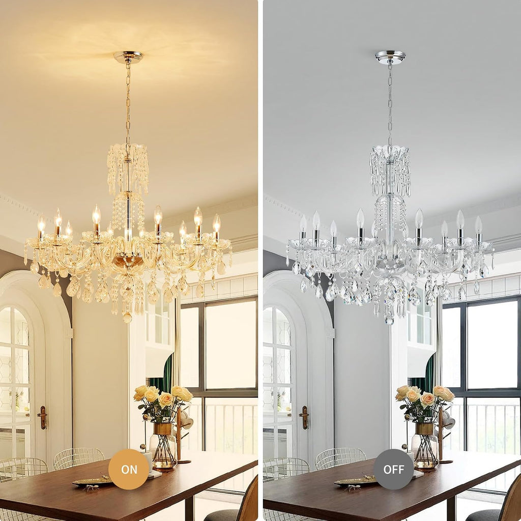 WUZUPS 10-Light Crystal Candle Chandelier Pendant Ceiling Light Modern Lighting Fixture for Bedroom Hallway Bar Kitchen Bathroom, H 26.7' W 33.9', E12 Base, Chrome