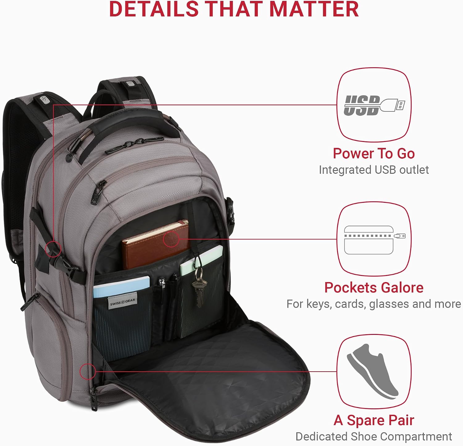 SwissGear Travel Tech Elite Laptop Backpack – Fits Laptops up to 16' – ScanSmart TSA-Friendly Backpack with USB Port, Shoe Compartment & Organizer Pockets – Grey Ballistic