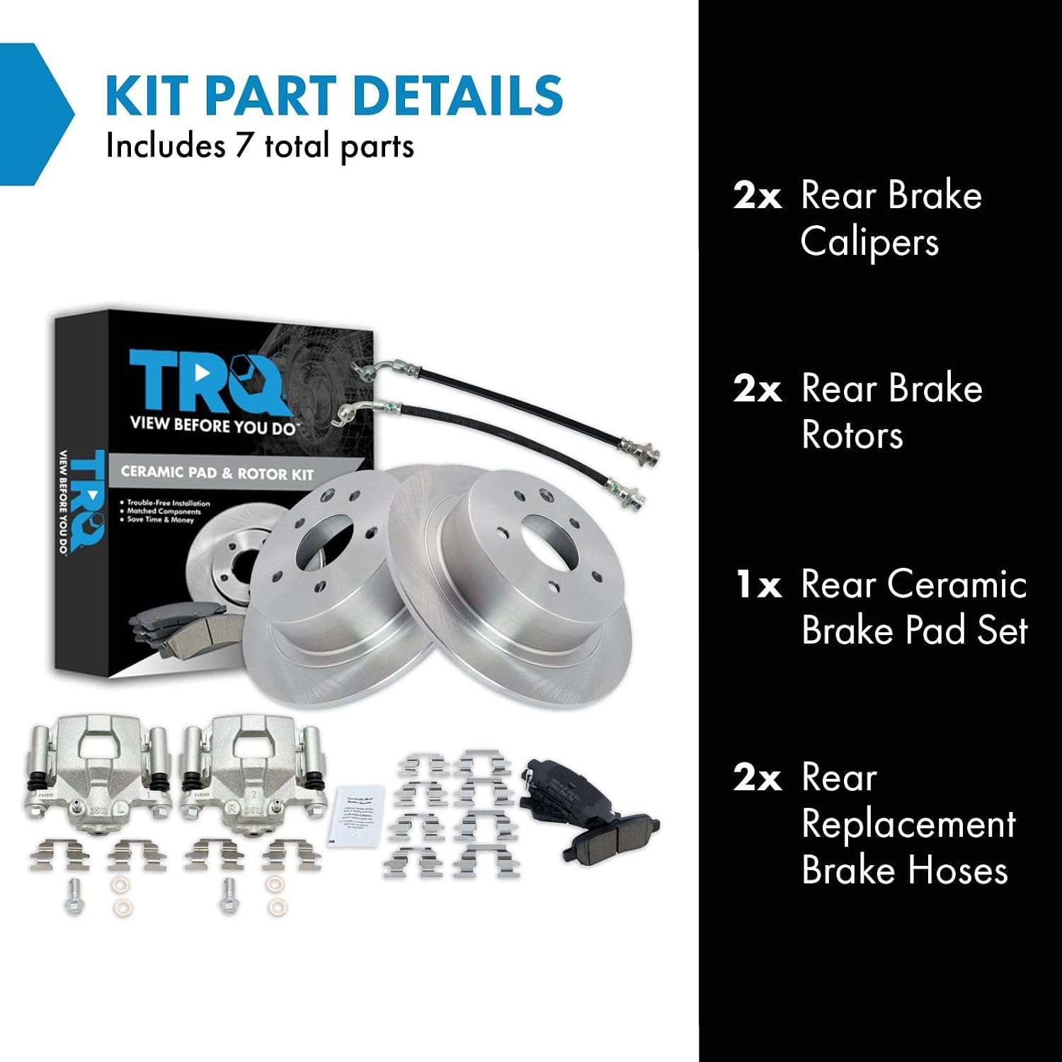 TRQ Rear Brake Pad and Rotor Set Ceramic Rotors Calipers Hoses Compatible with 2002-2006 Nissan Altima 2004-2006 Maxima