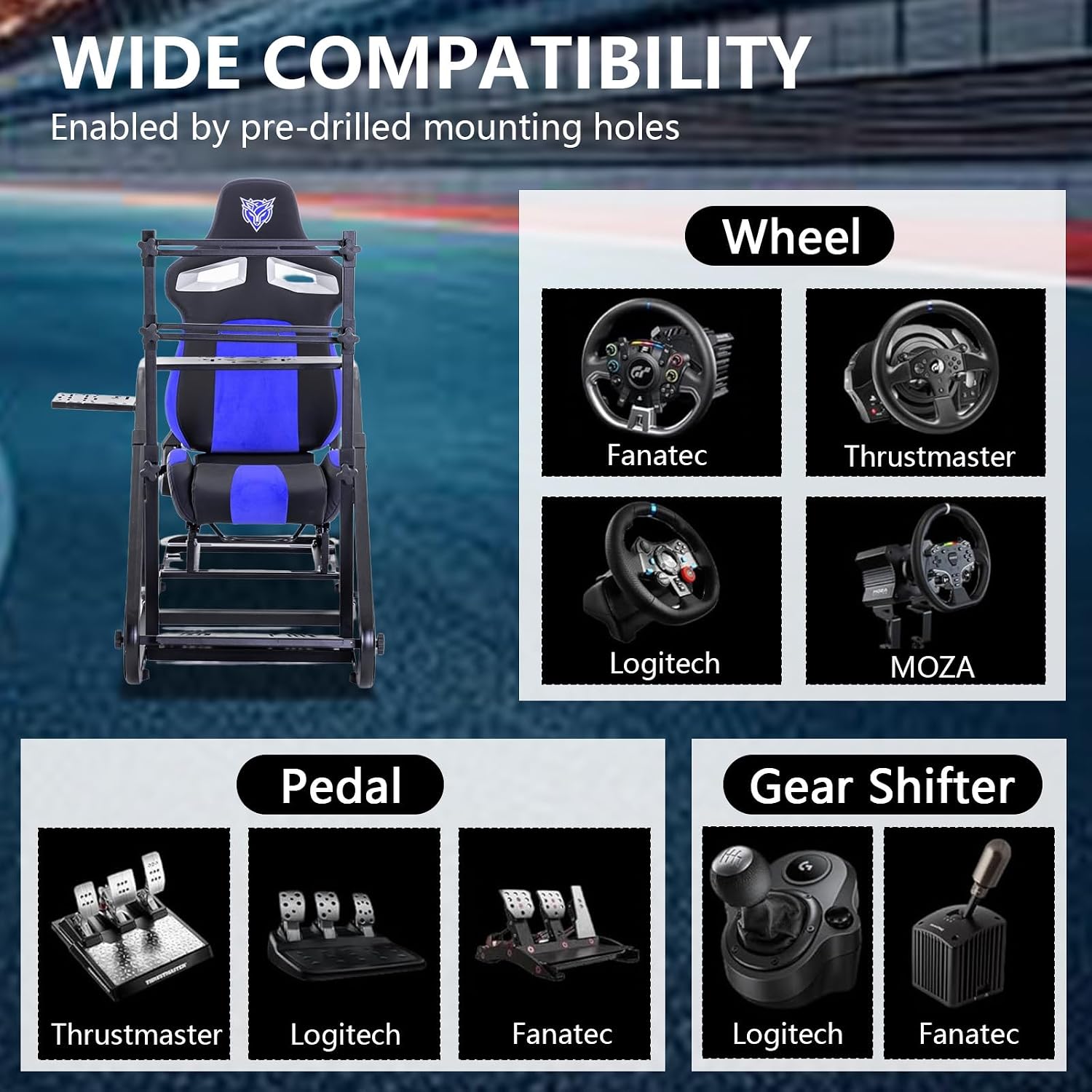 Racing Simulator Cockpit with Monitor Mount and Seat,Sim Racing Cockpit Compatible with Fanatec,PXN,Thrustmaster and Logitech Adjustable Driving Simulators,Excluding Handbrake, Pedals & Monitor (Black+Blue)