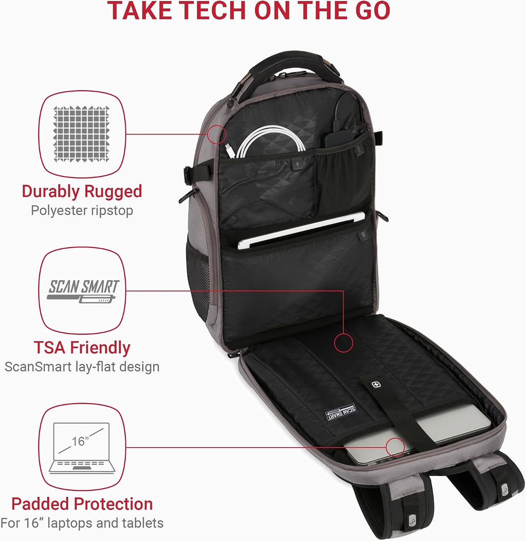 SwissGear Travel Tech Elite Laptop Backpack – Fits Laptops up to 16' – ScanSmart TSA-Friendly Backpack with USB Port, Shoe Compartment & Organizer Pockets – Grey Ballistic